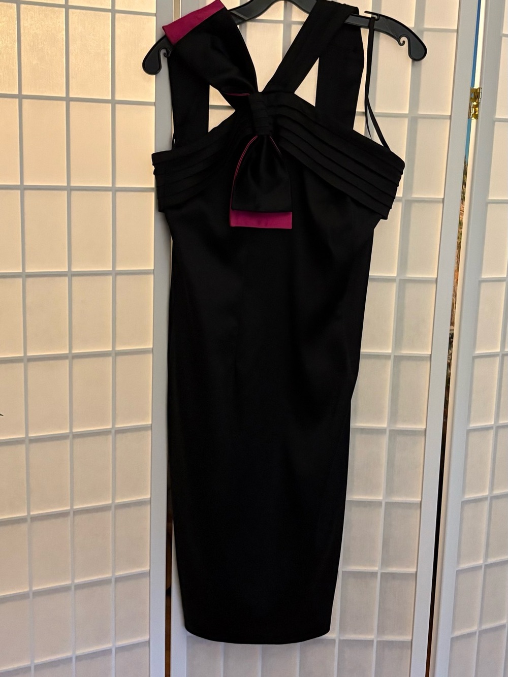 Cache Black Midi Dress with Magenta Bow Accent